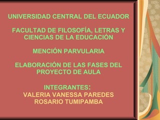 UNIVERSIDAD CENTRAL DEL ECUADOR FACULTAD DE FILOSOFÍA, LETRAS Y CIENCIAS DE LA EDUCACIÓN MENCIÓN PARVULARIA ELABORACIÓN DE LAS FASES DEL PROYECTO DE AULA INTEGRANTES :   VALERIA VANESSA PAREDES ROSARIO TUMIPAMBA 