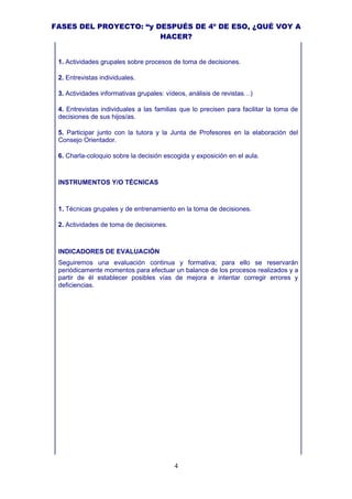 FASES DEL PROYECTO: “y DESPUÉS DE 4º DE ESO, ¿QUÉ VOY A
                        HACER?


 1. Actividades grupales sobre procesos de toma de decisiones.

 2. Entrevistas individuales.

 3. Actividades informativas grupales: vídeos, análisis de revistas…)

 4. Entrevistas individuales a las familias que lo precisen para facilitar la toma de
 decisiones de sus hijos/as.

 5. Participar junto con la tutora y la Junta de Profesores en la elaboración del
 Consejo Orientador.

 6. Charla-coloquio sobre la decisión escogida y exposición en el aula.



 INSTRUMENTOS Y/O TÉCNICAS



 1. Técnicas grupales y de entrenamiento en la toma de decisiones.

 2. Actividades de toma de decisiones.



 INDICADORES DE EVALUACIÓN
 Seguiremos una evaluación continua y formativa; para ello se reservarán
 periódicamente momentos para efectuar un balance de los procesos realizados y a
 partir de él establecer posibles vías de mejora e intentar corregir errores y
 deficiencias.




                                         4
 