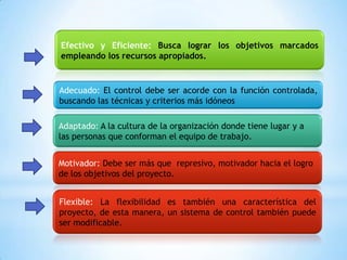 Efectivo y Eficiente: Busca lograr los objetivos marcados
empleando los recursos apropiados.


Adecuado: El control debe ser acorde con la función controlada,
buscando las técnicas y criterios más idóneos

Adaptado: A la cultura de la organización donde tiene lugar y a
las personas que conforman el equipo de trabajo.


Motivador: Debe ser más que represivo, motivador hacia el logro
de los objetivos del proyecto.


Flexible: La flexibilidad es también una característica del
proyecto, de esta manera, un sistema de control también puede
ser modificable.
 
