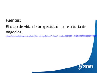 Fuentes:
El ciclo de vida de proyectos de consultoría de
negocios:
https://americalatina.pmi.org/latam/KnowledgeCenter/Articles/~/media/993705D14AEE4DCFB2E60EF6CDDF
 
