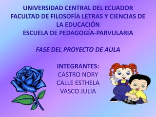 UNIVERSIDAD CENTRAL DEL ECUADOR FACULTAD DE FILOSOFÍA LETRAS Y CIENCIAS DE LA EDUCACIÓN ESCUELA DE PEDAGOGÍA-PARVULARIAFASE DEL PROYECTO DE AULA INTEGRANTES:CASTRO NORYCALLE ESTHELAVASCO JULIA 