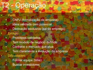 T2 - Operação
• Perfil:
• CNPJ (formalização da empresa)
• Ideia validada com potencial
• Dedicação exclusiva (sai do emprego)
• Estágio:
• Protótipos validados
• Tem modelo de negócio definido
• Conhece o mercado que atua
• Tem claramente a evolução da empresa
• Dificuldades:
• Formar equipe (time)
• Buscar investidores
 
