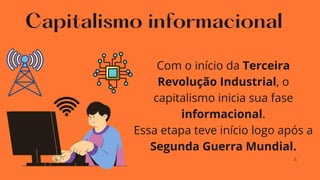 11
Com o início da Terceira
Revolução Industrial, o
capitalismo inicia sua fase
informacional.
Essa etapa teve início logo após a
Segunda Guerra Mundial.
Capitalismo informacional
 