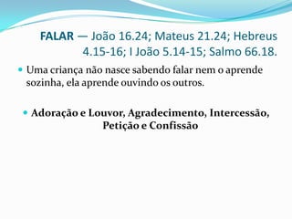 FALAR — João 16.24; Mateus 21.24; Hebreus 4.15-16; I João 5.14-15; Salmo 66.18.Uma criança não nasce sabendo falar nem o aprende sozinha, ela aprende ouvindo os outros. Adoração e Louvor, Agradecimento, Intercessão, Petição e Confissão