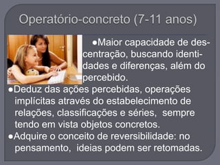 ●Maior capacidade de des-
 ....................... centração, buscando identi-
 ....................... dades e diferenças, além do
 ....................... percebido.
●Deduz das ações percebidas, operações
 implícitas através do estabelecimento de
 relações, classificações e séries, sempre
 tendo em vista objetos concretos.
●Adquire o conceito de reversibilidade: no
 pensamento, ideias podem ser retomadas.
 
