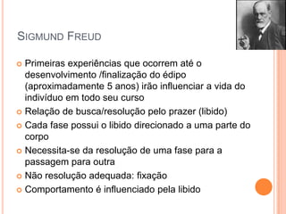 SIGMUND FREUD
 Primeiras experiências que ocorrem até o
desenvolvimento /finalização do édipo
(aproximadamente 5 anos) irão influenciar a vida do
indivíduo em todo seu curso
 Relação de busca/resolução pelo prazer (libido)
 Cada fase possui o libido direcionado a uma parte do
corpo
 Necessita-se da resolução de uma fase para a
passagem para outra
 Não resolução adequada: fixação
 Comportamento é influenciado pela libido
 