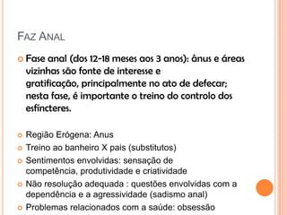 FAZ ANAL
 Fase anal (dos 12-18 meses aos 3 anos): ânus e áreas
vizinhas são fonte de interesse e
gratificação, principalmente no ato de defecar;
nesta fase, é importante o treino do controlo dos
esfíncteres.
 Região Erógena: Anus
 Treino ao banheiro X pais (substitutos)
 Sentimentos envolvidas: sensação de
competência, produtividade e criatividade
 Não resolução adequada : questões envolvidas com a
dependência e a agressividade (sadismo anal)
 Problemas relacionados com a saúde: obsessão
 