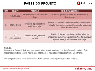 Auxiliar o lojista esclarecendo as dúvidas durante a 
criação da loja. Apenas auxiliamos, não podemos 
Shopping e aumentar sua receita. Não faz qualquer 
1 
FASES DO PROJETO 
FASE EQUIPE PERÍODO RESPONSABILIDADE 
1 EDUCAÇÃO 
Antes de iniciar a criação da 
loja. 
Treinar lojista na Plataforma (Backoffice e 
Storefront). 
2 STORE OPEN 
Durante o processo de 
criação da loja. 
executar pelo lojista. 
3 
ECC 
CONSUTORIA 
Depois do lançamento 
da loja. 
Auxilia o lojista a posicionar melhor a loja no 
tipo de inserção de informação na loja. 
Atenção: 
Nenhum profissional Rakuten esta autorizado a inserir qualquer tipo de informação na loja. É de 
responsabilidade do lojista inserir suas informações na plataforma (Backoffice e Storefront). 
Informações válidas tanto para lojistas do EC Service quanto para lojistas do Shopping. 
