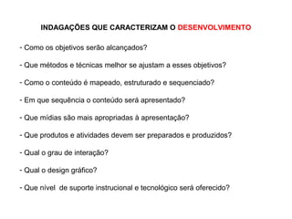 INDAGAÇÕES QUE CARACTERIZAM O DESENVOLVIMENTO

- Como os objetivos serão alcançados?

- Que métodos e técnicas melhor se ajustam a esses objetivos?

- Como o conteúdo é mapeado, estruturado e sequenciado?

- Em que sequência o conteúdo será apresentado?

- Que mídias são mais apropriadas à apresentação?

- Que produtos e atividades devem ser preparados e produzidos?

- Qual o grau de interação?

- Qual o design gráfico?

- Que nível de suporte instrucional e tecnológico será oferecido?
 