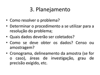 3. PlanejamentoComo resolver o problema?Determinar o procedimento a se utilizar para a resolução do problema;Quais dados deverão ser coletados?Como se deve obter os dados? Censo ou amostragem?Cronograma, delineamento da amostra (se for o caso), áreas de investigação, grau de precisão exigido, etc.