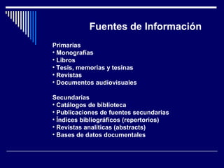 Fuentes de Información 
Primarias 
• Monografías 
• Libros 
• Tesis, memorias y tesinas 
• Revistas 
• Documentos audiovisuales 
Secundarias 
• Catálogos de biblioteca 
• Publicaciones de fuentes secundarias 
• Índices bibliográficos (repertorios) 
• Revistas analíticas (abstracts) 
• Bases de datos documentales 
 