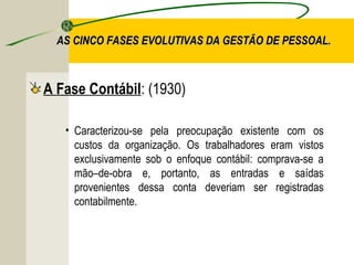 AS CINCO FASES EVOLUTIVAS DA GESTÃO DE PESSOAL.

A Fase Contábil: (1930)
• Caracterizou-se pela preocupação existente com os
custos da organização. Os trabalhadores eram vistos
exclusivamente sob o enfoque contábil: comprava-se a
mão–de-obra e, portanto, as entradas e saídas
provenientes dessa conta deveriam ser registradas
contabilmente.

 