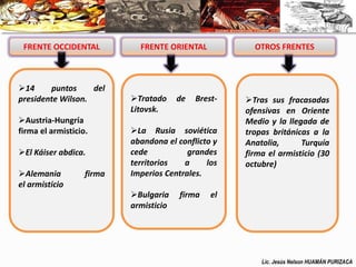 FRENTE OCCIDENTAL FRENTE ORIENTAL OTROS FRENTES 
14 puntos del 
presidente Wilson. 
Austria-Hungría 
firma el armisticio. 
El Káiser abdica. 
Alemania firma 
el armisticio 
Tratado de Brest- 
Litovsk. 
La Rusia soviética 
abandona el conflicto y 
cede grandes 
territorios a los 
Imperios Centrales. 
Bulgaria firma el 
armisticio 
Tras sus fracasadas 
ofensivas en Oriente 
Medio y la llegada de 
tropas británicas a la 
Anatolia, Turquía 
firma el armisticio (30 
octubre) 
Lic. Jesús Nelson HUAMÁN PURIZACA 
