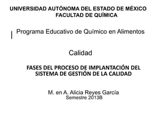 UNIVERSIDAD AUTÓNOMA DEL ESTADO DE MÉXICO 
FACULTAD DE QUÍMICA 
| Programa Educativo de Químico en Alimentos 
Calidad 
FASES DEL PROCESO DE IMPLANTACIÓN DEL 
SISTEMA DE GESTIÓN DE LA CALIDAD 
M. en A. Alicia Reyes García 
Semestre 2013B 
 