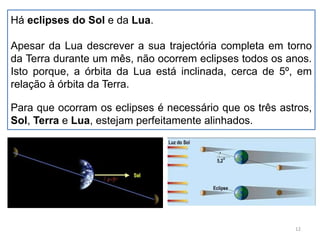 12 
Há eclipses do Sol e da Lua. 
Apesar da Lua descrever a sua trajectória completa em torno 
da Terra durante um mês, não ocorrem eclipses todos os anos. 
Isto porque, a órbita da Lua está inclinada, cerca de 5º, em 
relação à órbita da Terra. 
Para que ocorram os eclipses é necessário que os três astros, 
Sol, Terra e Lua, estejam perfeitamente alinhados. 
 