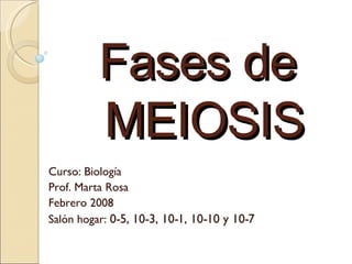 Fases de  MEIOSIS Curso: Biología Prof. Marta Rosa Febrero 2008 Salón hogar:  0-5, 10-3, 10-1, 10-10 y 10-7 