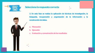 Seleccionalarespuestacorrecta
3. En esta fase se realiza la aplicación de técnicas de investigación, la
búsqueda, recuperación y organización de la información y la
construccióndedatos.
a. Planeación
b. Ejecución
c. Evaluaciónycomunicacióndelosresultados
 