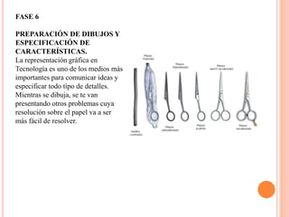 FASE 6
PREPARACIÓN DE DIBUJOS Y
ESPECIFICACIÓN DE
CARACTERÍSTICAS.
La representación gráfica en
Tecnología es uno de los medios más
importantes para comunicar ideas y
especificar todo tipo de detalles.
Mientras se dibuja, se te van
presentando otros problemas cuya
resolución sobre el papel va a ser
más fácil de resolver.
 