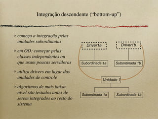 Integração descendente (“bottom-up”)
começa a integração pelas
unidades subordinadas
em OO: começar pelas
classes independentes ou
que usam poucas servidoras
utiliza drivers em lugar das
unidades de controle
algoritmos de mais baixo
nível são testados antes de
serem integrados ao resto do
sistema
Subordinada 1a Subordinada 1b
Driver1a Driver1b
Subordinada 1a Subordinada 1b
Unidade 1
 