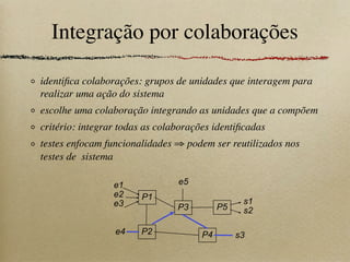 Integração por colaborações
identiﬁca colaborações: grupos de unidades que interagem para
realizar uma ação do sistema
escolhe uma colaboração integrando as unidades que a compõem
critério: integrar todas as colaborações identiﬁcadas
testes enfocam funcionalidades ⇒ podem ser reutilizados nos
testes de sistema
P1
P3 P5
P2 P4
e1
e2
e3
e4
e5
s1
s2
s3
 
