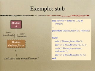 Exemplo: stub
type VetorInt = array [1 .. N] of
integer;
...
procedure Ordena_Vetor (a : VetorInt);
...
begin
write (“Valores fornecidos”);
for i := 1 to N do write (a [ i ] );
write (“Forneça os valores
ordenados”);
for i := 1 to N do read (a [ i ] );
end;
Módulo
A
Módulo
Ordena_Vetor
vetor
desordenado
vetor
ordenado
stub para este procedimento ?
 