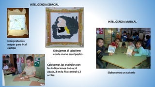 INTELIGENCIA MUSICAL
Interpretamos
mapas para ir al
castillo
Dibujamos al caballero
con la mano en el pecho
INTELIGENCIA ESPACIAL
Elaboramos un salterio
Colocamos las espirales con
las indicaciones dadas: 4
abajo, 3 en la fila central y 2
arriba
 