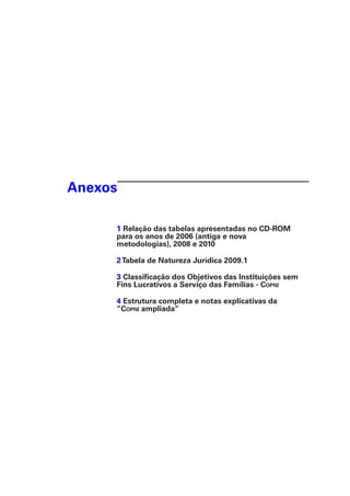 Anexos
1 Relação das tabelas apresentadas no CD-ROM
para os anos de 2006 (antiga e nova
metodologias), 2008 e 2010
2 Tabela de Natureza Jurídica 2009.1
3 Classificação dos Objetivos das Instituições sem
Fins Lucrativos a Serviço das Famílias - Copni
4 Estrutura completa e notas explicativas da
“Copni ampliada”

 
