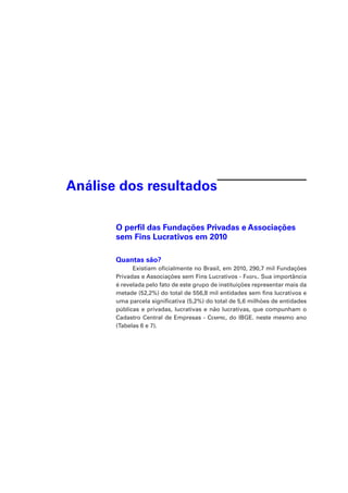Análise dos resultados
O perfil das Fundações Privadas e Associações
sem Fins Lucrativos em 2010
Quantas são?
Existiam oficialmente no Brasil, em 2010, 290,7 mil Fundações
Privadas e Associações sem Fins Lucrativos - Fasfil. Sua importância
é revelada pelo fato de este grupo de instituições representar mais da
metade (52,2%) do total de 556,8 mil entidades sem fins lucrativos e
uma parcela significativa (5,2%) do total de 5,6 milhões de entidades
públicas e privadas, lucrativas e não lucrativas, que compunham o
Cadastro Central de Empresas - Cempre, do IBGE. neste mesmo ano
(Tabelas 6 e 7).

 