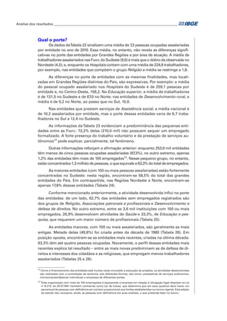 Análise dos resultados_________________________________________________________________________

Qual o porte?
Os dados daTabela 22 sinalizam uma média de 7 pessoas ocupadas assalariadas
,3
por entidade no ano de 2010. Essa média, no entanto, não revela as diferenças significativas no porte das entidades por Grandes Regiões e por área de atuação. A média de
trabalhadores assalariados nas Fasfil do Sudeste (9,6) é mais que o dobro da observada no
Nordeste (4,5); e, enquanto os Hospitais contam com uma média de 224,8 trabalhadores,
por exemplo, nas entidades que compõem o grupo Religião a média se restringe a 1,8.
As diferenças no porte de entidades com as mesmas finalidades, mas localizadas em Grandes Regiões distintas do País, são expressivas. Por exemplo: a média
do pessoal ocupado assalariado nos Hospitais do Sudeste é de 259,1 pessoas por
entidade e, no Centro-Oeste, 158,2. Na Educação superior, a média de trabalhadores
é de 131,5 no Sudeste e de 67,0 no Norte; nas entidades de Desenvolvimento rural, a
média é de 0,2 no Norte, ao passo que no Sul, 10,0.
Nas entidades que prestam serviços de Assistência social, a média nacional é
de 10,2 assalariados por entidade, mas o porte dessas entidades varia de 6,7 trabalhadores no Sul a 12,4 no Sudeste.
As informações da Tabela 23 evidenciam a predominância das pequenas entidades entre as Fasfil: 72,2% delas (210,0 mil) não possuem sequer um empregado
formalizado. A forte presença do trabalho voluntário e da prestação de serviços autônomos12 pode explicar, parcialmente, tal fenômeno.
Outras informações reforçam a afirmação anterior: enquanto 253,9 mil entidades
,3%), no outro extremo, apenas
têm menos de cinco pessoas ocupadas assalariadas (87
1,2% das entidades têm mais de 100 empregados13. Nesse pequeno grupo, no entanto,
estão concentrados 1,3 milhão de pessoas, o que equivale a 63,3% do total de empregados.
As maiores entidades (com 100 ou mais pessoas assalariadas) estão fortemente
concentradas no Sudeste: nesta região, encontram-se 58,5% do total das grandes
entidades do País. Em contrapartida, nas Regiões Nordeste e Norte, encontram-se
apenas 17,8% dessas entidades (Tabela 24).
Conforme mencionado anteriormente, a atividade desenvolvida influi no porte
das entidades: de um lado, 62,7% das entidades sem empregados registrados são
dos grupos de Religião, Associações patronais e profissionais e Desenvolvimento e
defesa de direitos. No outro extremo, entre as 3,6 mil instituições com 100 ou mais
empregados, 26,9% desenvolvem atividades de Saúde e 33,3%, de Educação e pesquisa, que requerem um maior número de profissionais (Tabela 25).
As entidades maiores, com 100 ou mais assalariados, são geralmente as mais
antigas. Metade delas (49,8%) foi criada antes da década de 1980 (Tabela 26). Em
posição oposta, encontram-se as entidades mais recentes, criadas na última década:
93,3% têm até quatro pessoas ocupadas. Novamente, o perfil dessas entidades mais
recentes explica tal resultado – entre as mais novas predominam as de defesa de direitos e interesses dos cidadãos e as religiosas, que empregam menos trabalhadores
assalariados (Tabelas 25 e 26).
12

Como o financiamento das entidades está muitas vezes vinculado à execução de projetos, as atividades desenvolvidas
são realizadas com a contratação de terceiros, sob diferentes formas, tais como: prestadores de serviços autônomos,
microempreendedores individuais e empresas de diferentes portes.

13

	Toda organização com mais de 100 empregados é equiparada a empresa em relação à obrigação legal disposta na Lei
no 8.213, de 24.07.1991 (também conhecida como Lei de Cotas), que determina que em seus quadros deve haver um
percentual de pessoas com deficiência em número proporcional aos limites estabelecidos na norma vigente. Esta edição
do estudo não incorpora, ainda, as pessoas com deficiência em suas análises, o que pretende fazer no futuro.

 