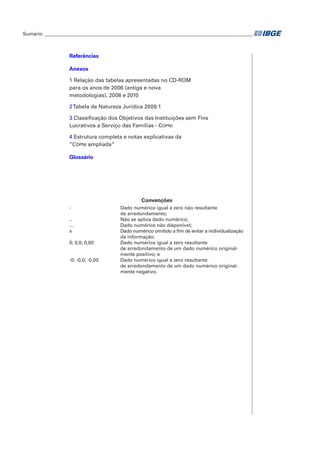 Sumário_ ______________________________________________________________________________________

Referências
Anexos
1 Relação das tabelas apresentadas no CD-ROM
para os anos de 2006 (antiga e nova_
metodologias), 2008 e 2010
2 Tabela de Natureza Jurídica 2009.1  
3 Classificação dos Objetivos das Instituições sem Fins
Lucrativos a Serviço das Famílias - COPNI
4 Estrutura completa e notas explicativas da
“COPNI ampliada”
Glossário

Convenções
-	
..	
...	
x	
0; 0,0; 0,00	
-0; -0,0; -0,00	

Dado numérico igual a zero não resultante_
de arredondamento;
Não se aplica dado numérico;
Dado numérico não disponível;
Dado numérico omitido a fim de evitar a individualização
da informação;
Dado numérico igual a zero resultante_
de arredondamento de um dado numérico originalmente positivo; e
Dado numérico igual a zero resultante_
de arredondamento de um dado numérico originalmente negativo.

 