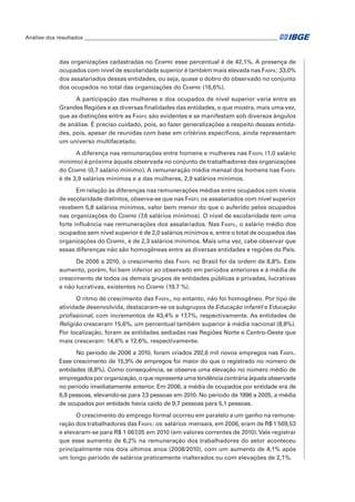 Análise dos resultados_________________________________________________________________________

das organizações cadastradas no Cempre esse percentual é de 42,1%. A presença de
ocupados com nível de escolaridade superior é também mais elevada nas Fasfil: 33,0%
dos assalariados dessas entidades, ou seja, quase o dobro do observado no conjunto
dos ocupados no total das organizações do Cempre (16,6%).
A participação das mulheres e dos ocupados de nível superior varia entre as
Grandes Regiões e as diversas finalidades das entidades, o que mostra, mais uma vez,
que as distinções entre as Fasfil são evidentes e se manifestam sob diversos ângulos
de análise. É preciso cuidado, pois, ao fazer generalizações a respeito dessas entidades, pois, apesar de reunidas com base em critérios específicos, ainda representam
um universo multifacetado.
A diferença nas remunerações entre homens e mulheres nas Fasfil (1,0 salário
mínimo) é próxima àquela observada no conjunto de trabalhadores das organizações
do Cempre (0,7 salário mínimo). A remuneração média mensal dos homens nas Fasfil
é de 3,9 salários mínimos e a das mulheres, 2,9 salários mínimos.
Em relação às diferenças nas remunerações médias entre ocupados com níveis
de escolaridade distintos, observa-se que nas Fasfil os assalariados com nível superior
recebem 5,8 salários mínimos, valor bem menor do que o auferido pelos ocupados
nas organizações do Cempre (7,6 salários mínimos). O nível de escolaridade tem uma
forte influência nas remunerações dos assalariados. Nas Fasfil, o salário médio dos
ocupados sem nível superior é de 2,0 salários mínimos e, entre o total de ocupados das
organizações do Cempre, é de 2,3 salários mínimos. Mais uma vez, cabe observar que
essas diferenças não são homogêneas entre as diversas entidades e regiões do País.
De 2006 a 2010, o crescimento das Fasfil no Brasil foi da ordem de 8,8%. Este
aumento, porém, foi bem inferior ao observado em períodos anteriores e à média de
crescimento de todos os demais grupos de entidades públicas e privadas, lucrativas
e não lucrativas, existentes no Cempre (19,7 %).
O ritmo de crescimento das Fasfil, no entanto, não foi homogêneo. Por tipo de
atividade desenvolvida, destacaram-se os subgrupos de Educação infantil e Educação
profissional, com incrementos de 43,4% e 17,7%, respectivamente. As entidades de
Religião cresceram 15,6%, um percentual também superior à média nacional (8,8%).
Por localização, foram as entidades sediadas nas Regiões Norte e Centro-Oeste que
mais cresceram: 14,6% e 12,6%, respectivamente.
No período de 2006 a 2010, foram criados 292,6 mil novos empregos nas Fasfil.
Esse crescimento de 15,9% de empregos foi maior do que o registrado no número de
entidades (8,8%). Como consequência, se observa uma elevação no número médio de
empregados por organização, o que representa uma tendência contrária àquela observada
no período imediatamente anterior. Em 2006, a média de ocupados por entidade era de
6,9 pessoas, elevando-se para 7 pessoas em 2010. No período de 1996 a 2005, a média
,3
de ocupados por entidade havia caído de 9,7 pessoas para 5,1 pessoas.
O crescimento do emprego formal ocorreu em paralelo a um ganho na remuneração dos trabalhadores das Fasfil: os  salários  mensais, em 2006, eram de R$ 1 569,53
e elevaram-se para R$ 1 667,05 em 2010 (em valores correntes de 2010). Vale registrar
que esse aumento de 6,2% na remuneração dos trabalhadores do setor aconteceu
principalmente nos dois últimos anos (2008/2010), com um aumento de 4,1% após
um longo período de salários praticamente inalterados ou com elevações de 2,1%.

 