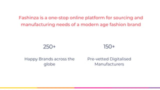 Fashinza is a one-stop online platform for sourcing and
manufacturing needs of a modern age fashion brand
250+
Happy Brands across the
globe
150+
Pre-vetted Digitalised
Manufacturers
 