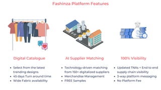 Fashinza Platform Features
Digital Catalogue AI Supplier Matching 100% Visibility
Select from the latest
trending designs
45 days Turn around time
Wide Fabric availability
Technology-driven matching
from 150+ digitalized suppliers
Merchandise Management
FREE Samples
Updated TNAs + End to end
supply chain visibility
3-way platform messaging
No Platform Fee
 