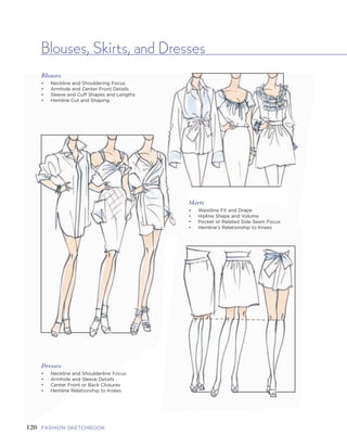 121FIVE | GARMENTS AND GARMENT DETAILS120 FASHION SKETCHBOOK
Blouses, Skirts, and Dresses
Blouses
• Neckline and Shouldering Focus
• Armhole and Center Front Details
• Sleeve and Cuff Shapes and Lengths
• Hemline Cut and Shaping
Skirts
• Waistline Fit and Drape
• Hipline Shape and Volume
• Pocket or Related Side Seam Focus
• Hemline's Relationship to Knees
Dresses
• Neckline and Shoulderline Focus
• Armhole and Sleeve Details
• Center Front or Back Closures
• Hemline Relationship to Knees
Isaac
Mizrahi
Giambattista
Valli
Ralph
Lauren
Dolce &
Gabbana
Dolce &
Gabbana
Blumarine
 
