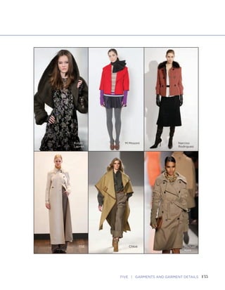 135FIVE | GARMENTS AND GARMENT DETAILSFASHION SKETCHBOOK
Jackets and Coats
134
Jackets
Fabric
Weight
Collar
Volume
Sleeve
Width and
Length
• Thicker collar and cuffs
• Deeper, wider armholes
• Center front details
• Hemline in relationship to
waist- or kneeline
Coats
• Chunkier
collars
• Thicker
fabrics
• Wider
sleeves
• Deeper
armholes
• Closure
details
• Sleeve length
and cuffs
• Pockets
• Buttons
and trims
• Hemline
relative to
ankles
Ralph
Lauren
M Missoni Narciso
Rodriguez
TSE Michael
Kors
Chloé
 