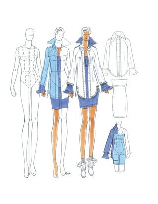 vii
Extended Contents
Preface		 xi
Acknowledgments	 xii
Tools and Equipment Hints	 xiii
CHAPTER 1	
Fashion Figure Proportions 1
Figure Elongation and Stylization 	 2
Guidelines	 4
Heads Tall, Figure Grid	 6
Figure Map, Grid System	 8
Consistent Proportions	 10
Fashion Figure Objectives	 12
Croquis Templates	 14
Drawing the Figure Freehand	 16
Subjective Height	 18
Posing Dynamics	 20
The Balance Line	 22
Center Front	 24
Back Views	 26
The Profile Pose	 28
The Fuller Figure	 30
Fashion Maternity Figures	 32
Early Illustrations for Womenswear	 34
CHAPTER 2	
Basic Figure Forms 	 37
Torso Definition 	 38
Drawing Legs: Form and Shape	 40
Posing Legs 	 42
Foreshortening: Legs 	 44
Drawing Feet	 46
Drawing Arms: Form and Shape 	 50
Foreshortening: Arms 	 52
Drawing Hands 	 54
Figure Tips 	 56
CHAPTER 3	
Model Drawing		 61
Model Drawing Poses	 62
Balance Line 	 63
Angles in a Pose	 64
Torso in a Pose	 66
Gesture Components 	 68
Interpreting Anatomy 	 70
Fashion Runway and Showroom Poses 	 72
CHAPTER 4	
Fashion Heads 		 81
Drawing Heads and Fashion Faces 	 82
Drawing Heads 	 84
The Diamond Technique	 86
Drawing a Full-Front Head 	 87
Drawing a Three-Quarter-Turned Head 	 88
Drawing a Profile Head 	 89
Fashion Faces, Sketching Features 	 90
Posing the Head 	 92
Sketching Features 	 94
Stylizing the Face 	 96
Rendering Hair Color 	 98
Fleshtone and Pencil 	 100
Period Looks 	 101
Fashion Heads, Runway Looks 	 102
CHAPTER 5	
Garments and Garment Details 107
Sketching Necklines and Collars 	 108
Sketching Sleeves 	 110
Sketching Blouses and Dresses 	 112
Sketching Skirts 	 114
Sketching Flares and Gathers 	 116
Sketching Pleats 	 118
 