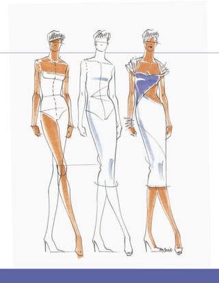 In this chapter, after all of the figure work of the earlier chapters, the focus
moves to clothing, dressing the figure in some of the staple fashion design details that
show up every season. Basic sketching methods are used to help you design on the fig-
ure and to create some simple silhouettes. Garment detailing of necklines, collars, and
cuffs will be incorporated into easy tops, pants, and skirts for faster drawing exercises.
While dressing the figure from top to bottom typically is defined as a silouette, this
chapter will explore how to shift your focus from exterior shape to interior drape, mak-
ing dressing the figure a more informative yet imaginative process.
In this chapter, there is more fashion clothing in both studio muslins and WWD runway
and studio photos to study and draw. You will learn how to sketch fabric in loose folds,
precise pleats, or other basic garment details so that they fit contours of the body while
presenting your design visions.
Research into almost any period of fashion or art history will turn up wonderful refer-
ences that you can apply to your own illustration and design techniques for fashion.Almost
any book on fashion decades will have plenty of archival illustration for you to find stylistic
inspiration or to observe how other artists handled drawing or rendering clothing.
Garments and
Garment Details
5
 