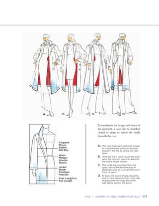 133FIVE | GARMENTS AND GARMENT DETAILSFASHION SKETCHBOOK
Drawing Coats
132
Oversized
Collar
Epaulet
Panel
(Yoke)
Button
Tab
Pocket
Flap
Narrow
Column
Shape
Winter-weight
Fabric with Subtle
Contouring to
Keep Hemline from
Looking Too Stiff
or Not Too Soft
Design Features—
Column Shape
Narrow Rectangle
Wider A-line
Coat Shape
Oversized Collar
Epaulet
Panel
Pocket Flap
Button Tab
To emphasize the design and shape of
the garment, a coat can be sketched
closed or open to reveal the outfit
beneath the coat.
A. This coat has been sketched closed
on a subtle pose with just enough
slouch in the hip to swing the coat
open.
B. Here the hip is used to pull the coat
open but only on one side, keeping
the coat’s shape narrow.
C. This wide leg pose flips the coat
open. Notice the hemline has an
elliptical curve as it circles the form,
front to back.
D. To keep the coat’s shape, draw the
coat in two separate units. One side
draped over the body, the other
side falling behind the body.
Cropped
Shrug
Bolero
Bell Boy
Waist
Military
Hoodie
Shorty
Jacket
Blazer
Cardigan
Peacoat
Coat Length to
Full Length
A. B. C. D.
 