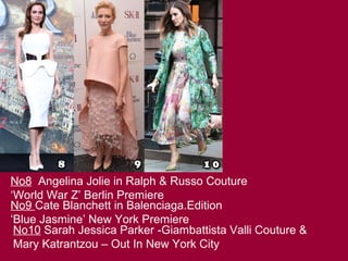 No8 Angelina Jolie in Ralph & Russo Couture
‘World War Z’ Berlin Premiere
No9 Cate Blanchett in Balenciaga.Edition
‘Blue Jasmine’ New York Premiere
No10 Sarah Jessica Parker -Giambattista Valli Couture &
Mary Katrantzou – Out In New York City
 