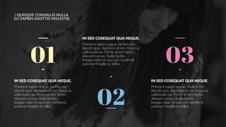 /  QUISQUE  CONVALLIS  NULLA 
EU  SAPIEN  SAGITTIS  MOLESTIE.
01
IN  SED  COSEQUAT  QUA  NEQUE.
Praesent  sapien  augue,  facilisis  nec  
blandit  quis,  dignissim  et  est.  Fusce  ac  
sollicitudin  ex.  Morbi  at  tort  lorem  
aliquam  cursus.  Nulla  facilisi.    
Integer  vitae  mi  quis  orci  hendrerit  
pulvinar  fringilla  ac  tellus.
IN  SED  COSEQUAT  QUA  NEQUE.
Praesent  sapien  augue,  facilisis  nec  
blandit  quis,  dignissim  et  est.  Fusce  ac  
sollicitudin  ex.  Morbi  at  tort  lorem  
aliquam  cursus.  Nulla  facilisi.    
Integer  vitae  mi  quis  orci  hendrerit  
pulvinar  fringilla  ac  tellus.
02
03
IN  SED  COSEQUAT  QUA  NEQUE.
Praesent  sapien  augue,  facilisis  nec  
blandit  quis,  dignissim  et  est.  Fusce  ac  
sollicitudin  ex.  Morbi  at  tort  lorem  
aliquam  cursus.  Nulla  facilisi.    
Integer  vitae  mi  quis  orci  hendrerit  
pulvinar  fringilla  ac  tellus.
 