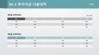 LOGO
06-2 투자자금 사용내역
항목 항목 항목 항목
내용 내용 내용 내용
내용 내용 내용 내용
내용 내용 내용 내용
제목을 입력하세요 (단위: 만원)
항목 항목 항목 항목
내용 내용 내용 내용
내용 내용 내용 내용
내용 내용 내용 내용
제목을 입력하세요
 