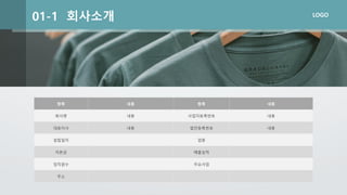 01-1 회사소개
항목 내용 항목 내용
회사명 내용 사업자등록번호 내용
대표이사 내용 법인등록번호 내용
설립일자 업종
자본금 매출실적
임직원수 주요사업
주소
LOGO
 