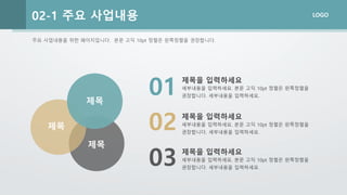 LOGO
02-1 주요 사업내용
01
02
03
세부내용을 입력하세요. 본문 고딕 10pt 정렬은 왼쪽정렬을
권장합니다. 세부내용을 입력하세요.
제목을 입력하세요
세부내용을 입력하세요. 본문 고딕 10pt 정렬은 왼쪽정렬을
권장합니다. 세부내용을 입력하세요.
제목을 입력하세요
세부내용을 입력하세요. 본문 고딕 10pt 정렬은 왼쪽정렬을
권장합니다. 세부내용을 입력하세요.
제목을 입력하세요
제목
제목
제목
주요 사업내용을 위한 페이지입니다. 본문 고딕 10pt 정렬은 왼쪽정렬을 권장합니다.
 