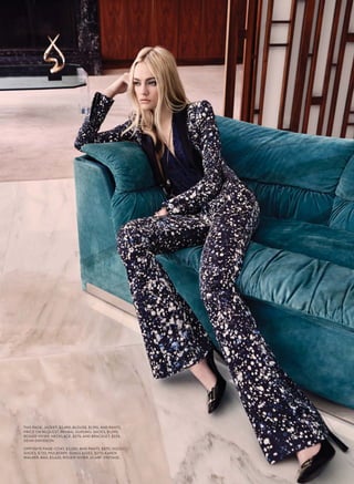 THIS PAGE: JACKET, $2,490, BLOUSE, $1,190, AND PANTS,
PRICE ON REQUEST, PRABAL GURUNG. SHOES, $1,095,
ROGER VIVIER. NECKLACE, $275, AND BRACELET, $225,
DEAN DAVIDSON.
OPPOSITE PAGE: COAT, $3,250, AND PANTS, $870, GUCCI.
SHOES, $720, MULBERRY. SUNGLASSES, $270, KAREN
WALKER. BAG, $3,625, ROGER VIVIER. SCARF, VINTAGE.
 