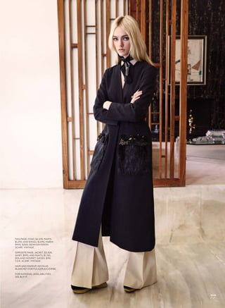 THIS PAGE: COAT, $4,235, PANTS,
$1,290, AND SHOES, $1,095, MARNI.
RING, $200, DEAN DAVIDSON.
SCARF, VINTAGE.
OPPOSITE PAGE: JACKET, $3,305,
SHIRT, $995, AND PANTS, $1,745,
ROLAND MOURET. SHOES, $110,
T.U.K. SCARF, VINTAGE.
HAIR AND MAKEUP, NICOLAS
BLANCHET FOR FOLIO/M.A.C/ORIBE.
FOR NATIONAL AVAILABILITIES,
SEE BUY IT.
77
 