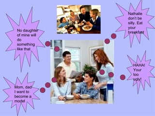 Mom, dad I want to become a model HAHA! Your too ugly! No daughter of mine will do something like that Nathalie don’t be silly. Eat your breakfast 