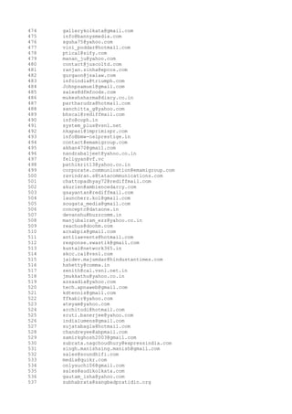 474
475
476
477
478
479
480
481
482
483
484
485
486
487
488
489
490
491
492
493
494
495
496
497
498
499
500
501
502
503
504
505
506
507
508
509
510
511
512
513
514
515
516
517
518
519
520
521
522
523
524
525
526
527
528
529
530
531
532
533
534
535
536
537

gallerykolkata@gmail.com
info@bannysmedia.com
sguha75@yahoo.com
vini_poddar@hotmail.com
ptical@sify.com
manan_ju@yahoo.com
contact@juscoltd.com
ranjan.sinha@epcos.com
gurgaon@jsalaw.com
infoindia@triumph.com
Johnpsamuel@gmail.com
sales@dfmfoods.com
mukeshsharma@dixcy.co.in
partharudra@hotmail.com
sanchitta_g@yahoo.com
bhscal@rediffmail.com
info@coph.in
system_plus@vsnl.net
nkapasi@imprimispr.com
info@bmw-oslprestige.in
contact@emamigroup.com
akhan470@gmail.com
nandrabaljeet@yahoo.co.in
feligyan@vf.vc
pathikrit13@yahoo.co.in
corporate.communication@emamigroup.com
ravindran.s@tatacommunications.com
chattopadhyay72@rediffmail.com
akurien@ambiencedarcy.com
gsayantan@rediffmail.com
launcherz.kol@gmail.com
sougata_media@gmail.com
conceptc@dataone.in
devanshu@buzzcomm.in
manjubalram_ezz@yahoo.co.in
reachus@doohm.com
arnabpix@gmail.com
antliaevents@hotmail.com
response.swastik@gmail.com
kuntal@network365.in
skcc.cal@vsnl.com
jaidev.majumdar@hindustantimes.com
hshetty@comma.in
zenith@cal.vsnl.net.in
jmukkathu@yahoo.co.in
azsaadia@yahoo.com
tech.apnaweb@gmail.com
kdtennis@gmail.com
ffkabir@yahoo.com
ateyam@yahoo.com
architodi@hotmail.com
sruti.banerjee@yahoo.com
indialumens@gmail.com
sujatabagla@hotmail.com
chandreyee@abpmail.com
samirkghosh2003@gmail.com
subrata.nagchoudhury@expressindia.com
singh.manishsing.manish@gmail.com
sales@soundhifi.com
media@quikr.com
onlysuchi06@gmail.com
sales@audikolkata.com
gautam_isha@yahoo.com
subhabrata@sangbadpratidin.org

 