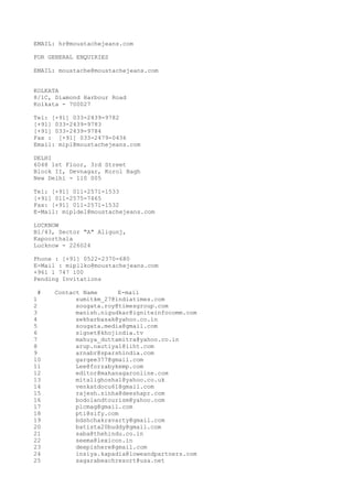 EMAIL: hr@moustachejeans.com
FOR GENERAL ENQUIRIES
EMAIL: moustache@moustachejeans.com
KOLKATA
8/1C, Diamond Harbour Road
Kolkata - 700027
Tel: [+91] 033-2439-9782
[+91] 033-2439-9783
[+91] 033-2439-9784
Fax : [+91] 033-2479-0436
Email: mipl@moustachejeans.com
DELHI
6048 1st Floor, 3rd Street
Block II, Devnagar, Korol Bagh
New Delhi - 110 005
Tel: [+91] 011-2571-1533
[+91] 011-2575-7465
Fax: [+91] 011-2571-1532
E-Mail: mipldel@moustachejeans.com
LUCKNOW
B1/43, Sector "A" Aligunj,
Kapoorthala
Lucknow - 226024
Phone : [+91] 0522-2370-680
E-Mail : mipllko@moustachejeans.com
+961 1 747 100
Pending Invitations
#
1
2
3
4
5
6
7
8
9
10
11
12
13
14
15
16
17
18
19
20
21
22
23
24
25

Contact Name
E-mail
sumitkm_27@indiatimes.com
sougata.roy@timesgroup.com
manish.nigudkar@igniteinfocomm.com
sekharbasak@yahoo.co.in
sougata.media@gmail.com
signet@khojindia.tv
mahuya_duttamitra@yahoo.co.in
arup.nautiyal@iiht.com
arnabr@sparshindia.com
gargee377@gmail.com
Lee@forzabykemp.com
editor@mahanagaronline.com
mitalighoshal@yahoo.co.uk
venkatdocu61@gmail.com
rajesh.sinha@deeshapr.com
bodolandtourism@yahoo.com
plcmag@gmail.com
pti@sify.com
bdshchakravarty@gmail.com
batista20buddy@gmail.com
saba@thehindu.co.in
seema@lexicon.in
deepishere@gmail.com
insiya.kapadia@loweandpartners.com
sagarabeachresort@usa.net

 