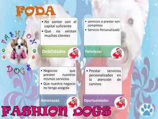 • No contar con el
capital suficiente
• Que no existan
muchos clientes
Debilidades
• servicios a prestar son
completos
• Servicio Personalizado
Fortalezas
• Negocios que
presten nuestros
mismos servicios
• Que nuestro negocio
no tenga acogida
Amenazas
• Prestar servicios
personalizados en
la atención de
caninos
Oportunidades
 