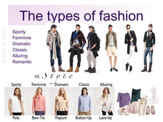 The types of fashion
1) Sporty
2) Feminine
3) Dramatic
4) Classic
5) Alluring
6) Romantic
 